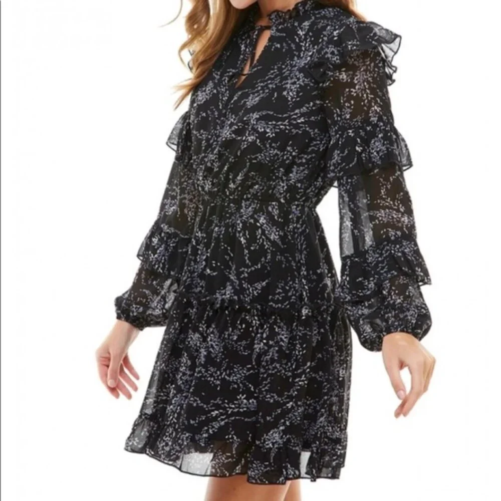 TCEC Dress Ruffle Tiered Black Floral Medium Romantic Weddings Date Night Travel - Picture 6 of 9
